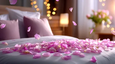Romantic Bedroom Decorated With Falling Pink Rose Petals