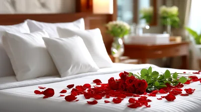 Romantic Rose Petals And Bouquet On Hotel Bed
