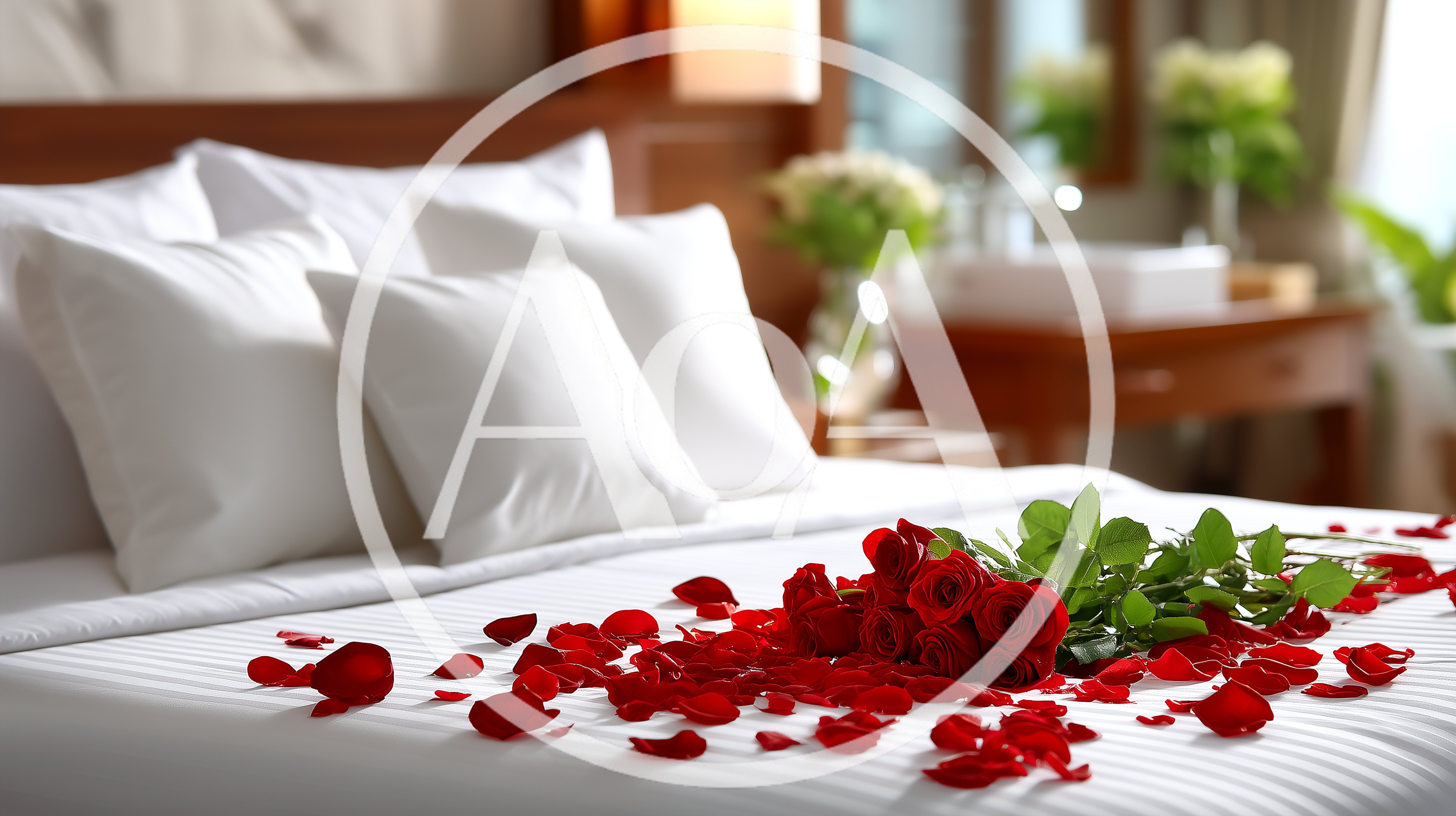 Romantic Rose Petals And Bouquet On Hotel Bed