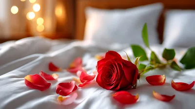 Single Red Rose With Petals On White Bedding