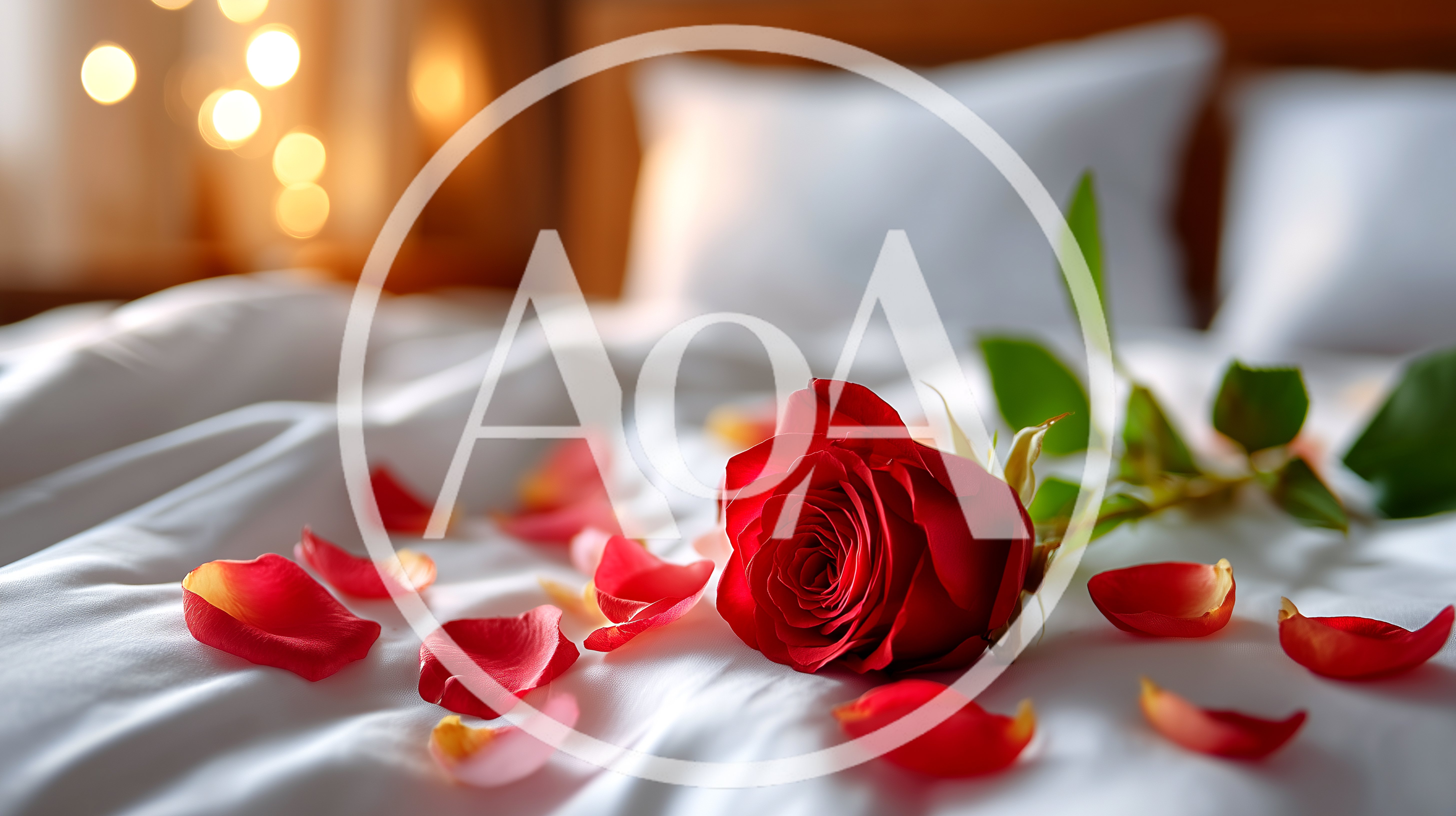 Single Red Rose With Petals On White Bedding