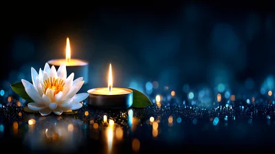 White Lotus Flower And Lit Candles On Reflective Surface