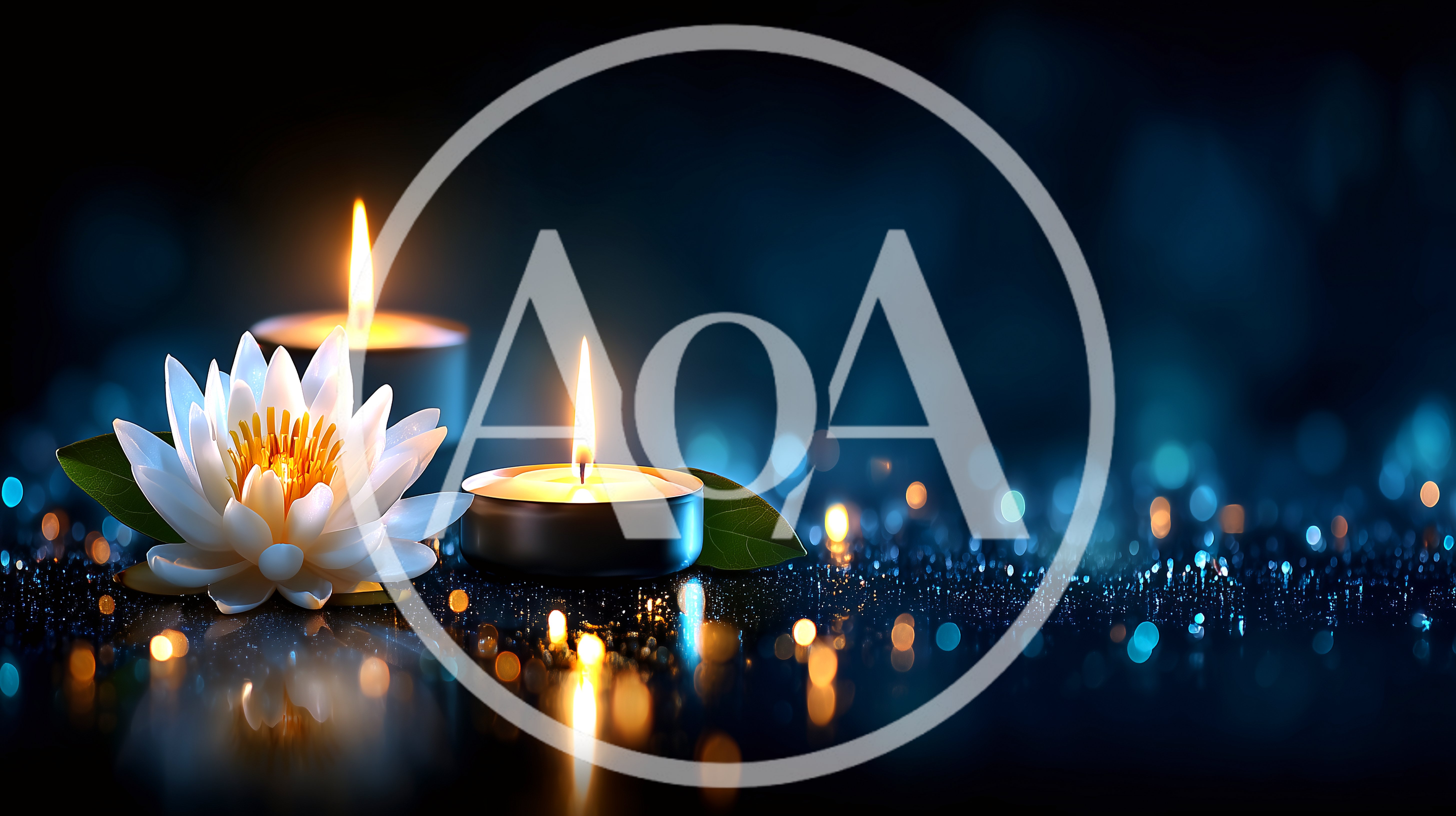 White Lotus Flower And Lit Candles On Reflective Surface