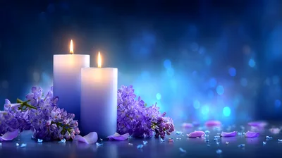 Two Lit Blue Candles With Purple Lilac Flowers