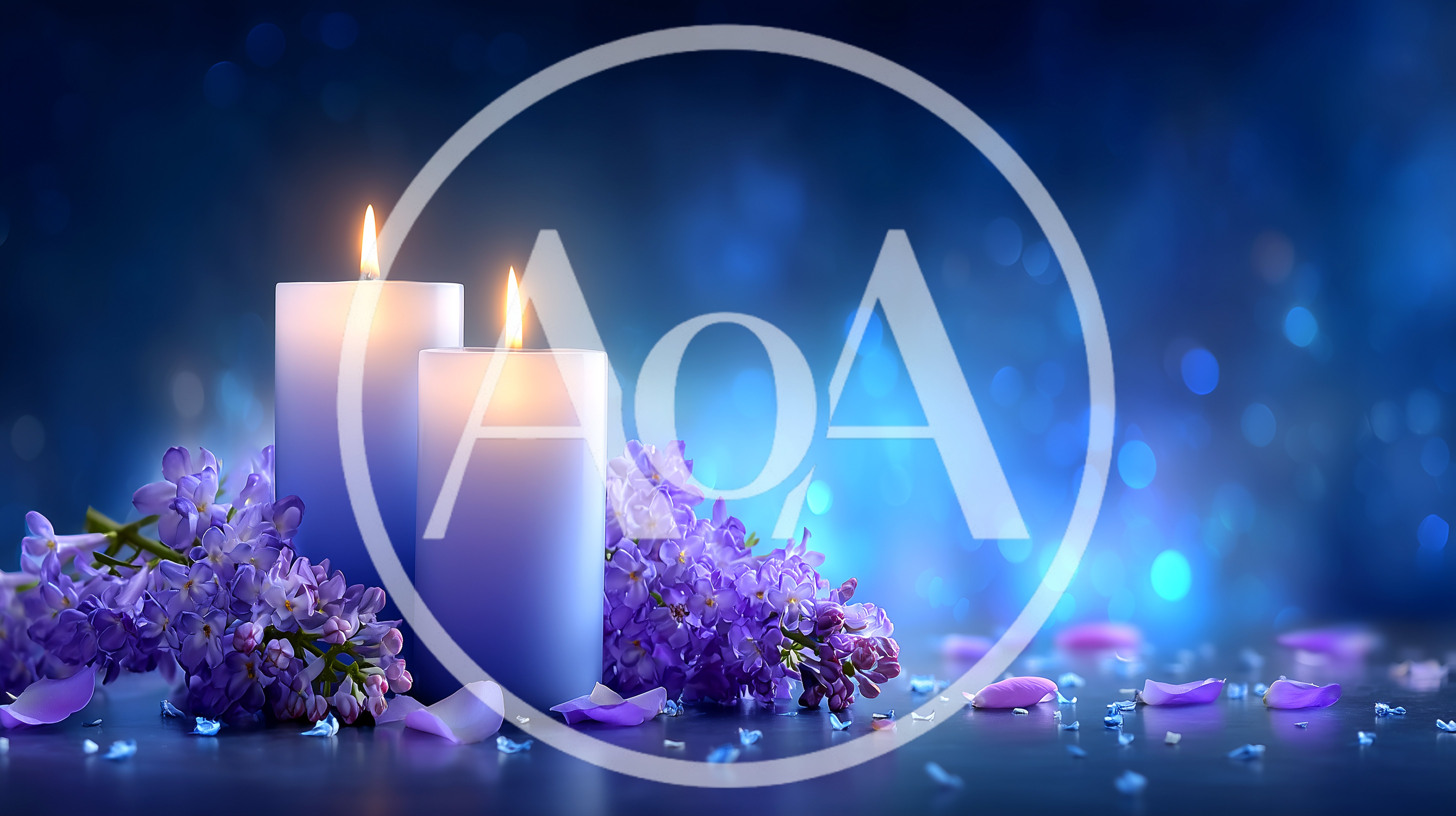 Two Lit Blue Candles With Purple Lilac Flowers