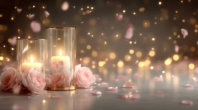 Two Lit Candles With Pink Roses And Falling Petals