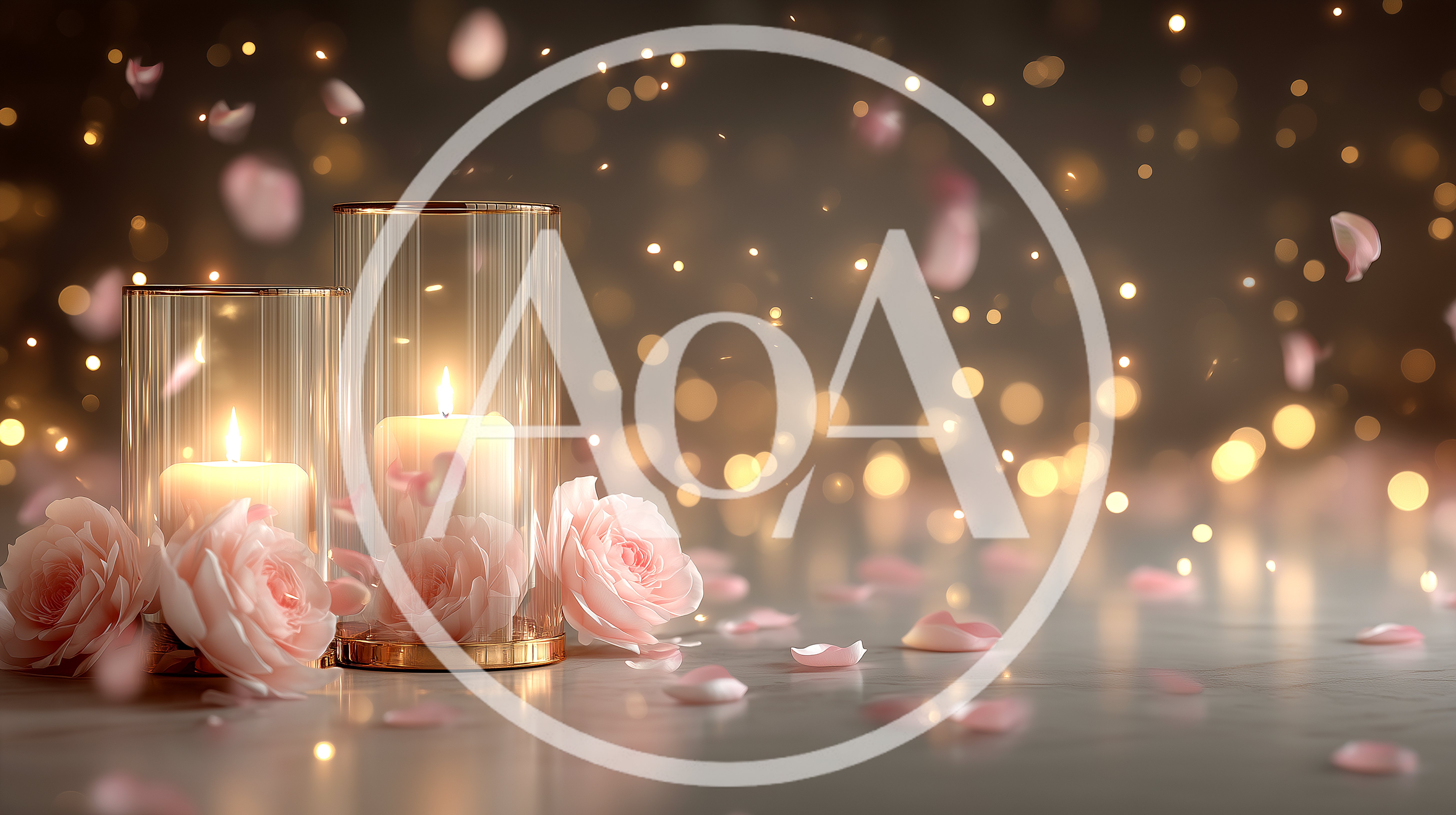 Two Lit Candles With Pink Roses And Falling Petals