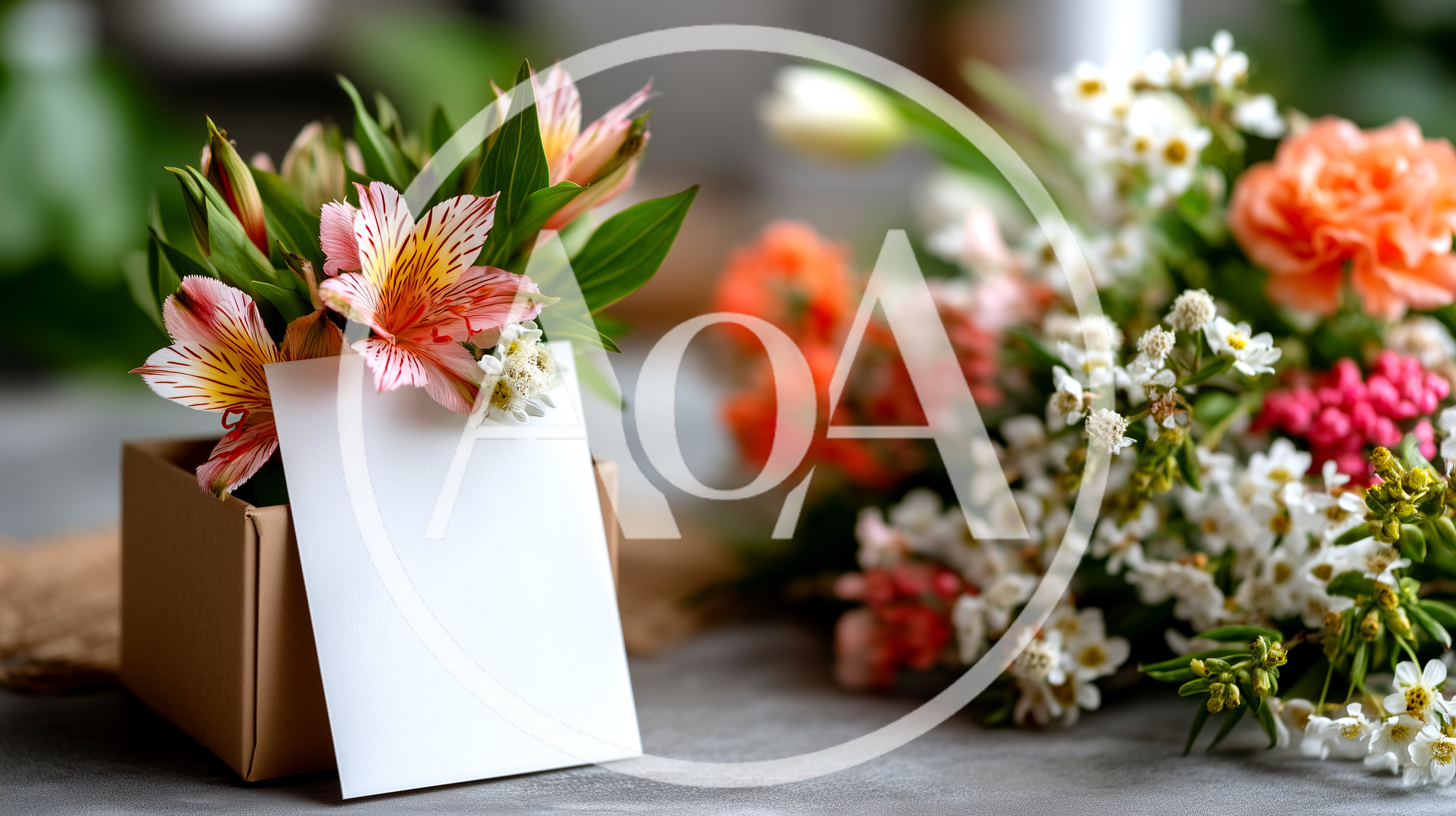 Blank Greeting Card With Alstroemeria Flowers In Gift Box
