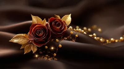 Two Elegant Chocolate Roses With Gold Leaves And Pearls