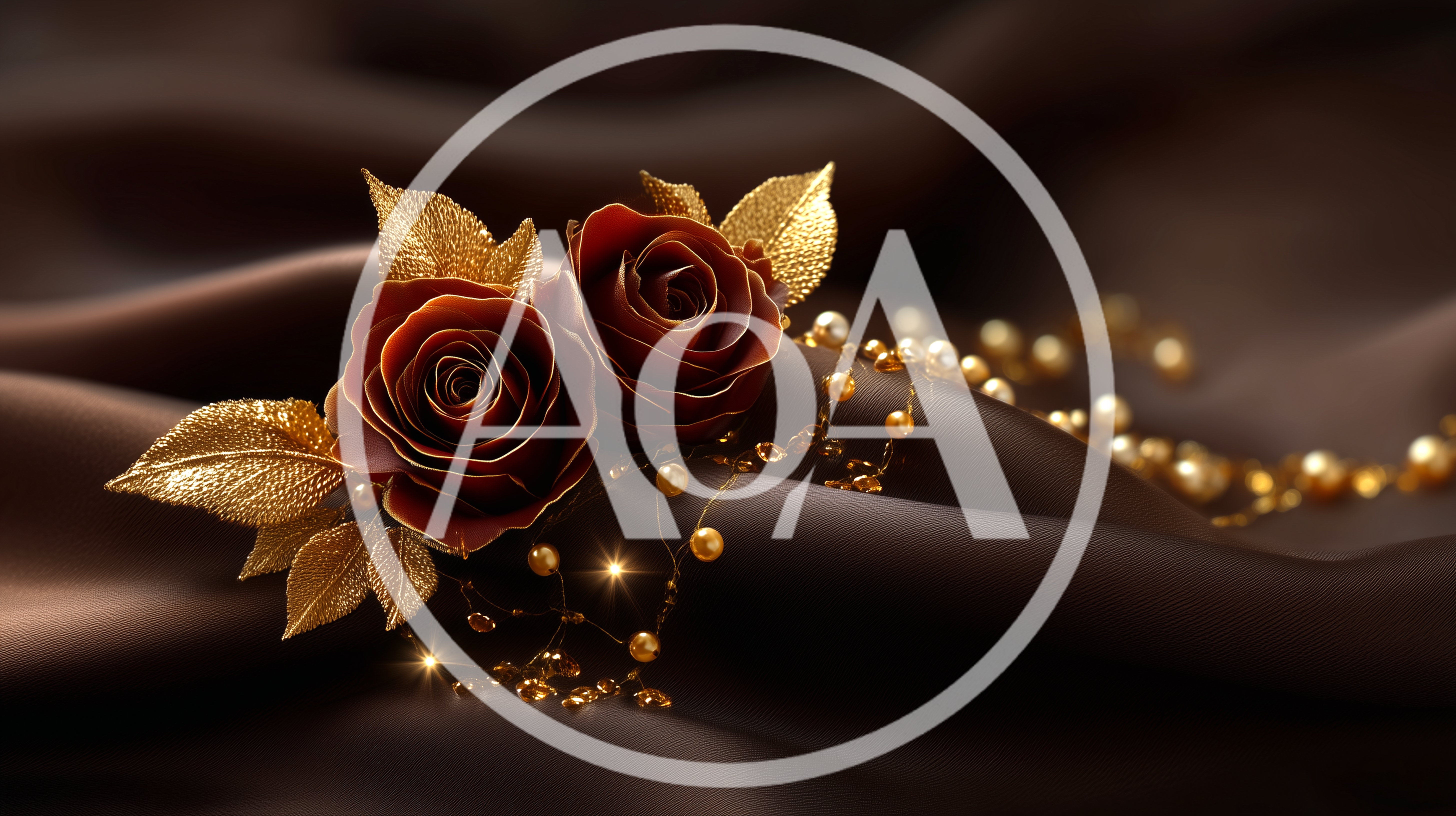 Two Elegant Chocolate Roses With Gold Leaves And Pearls