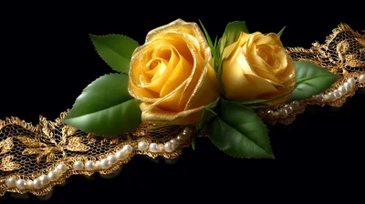 Two Golden Roses With Lace And Pearls