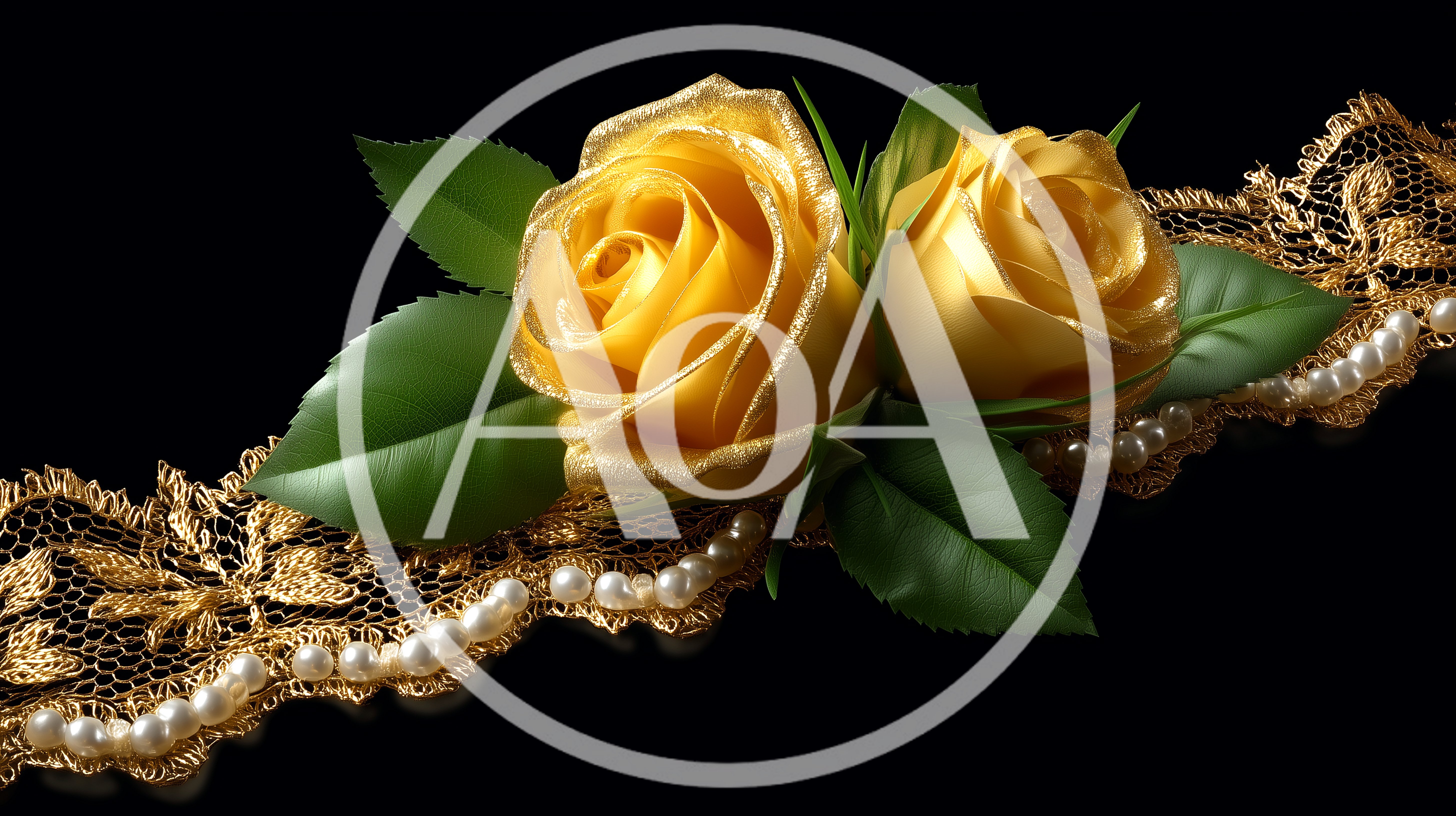 Two Golden Roses With Lace And Pearls