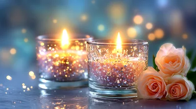 Two Lit Candles In Glass Holders With Peach Roses