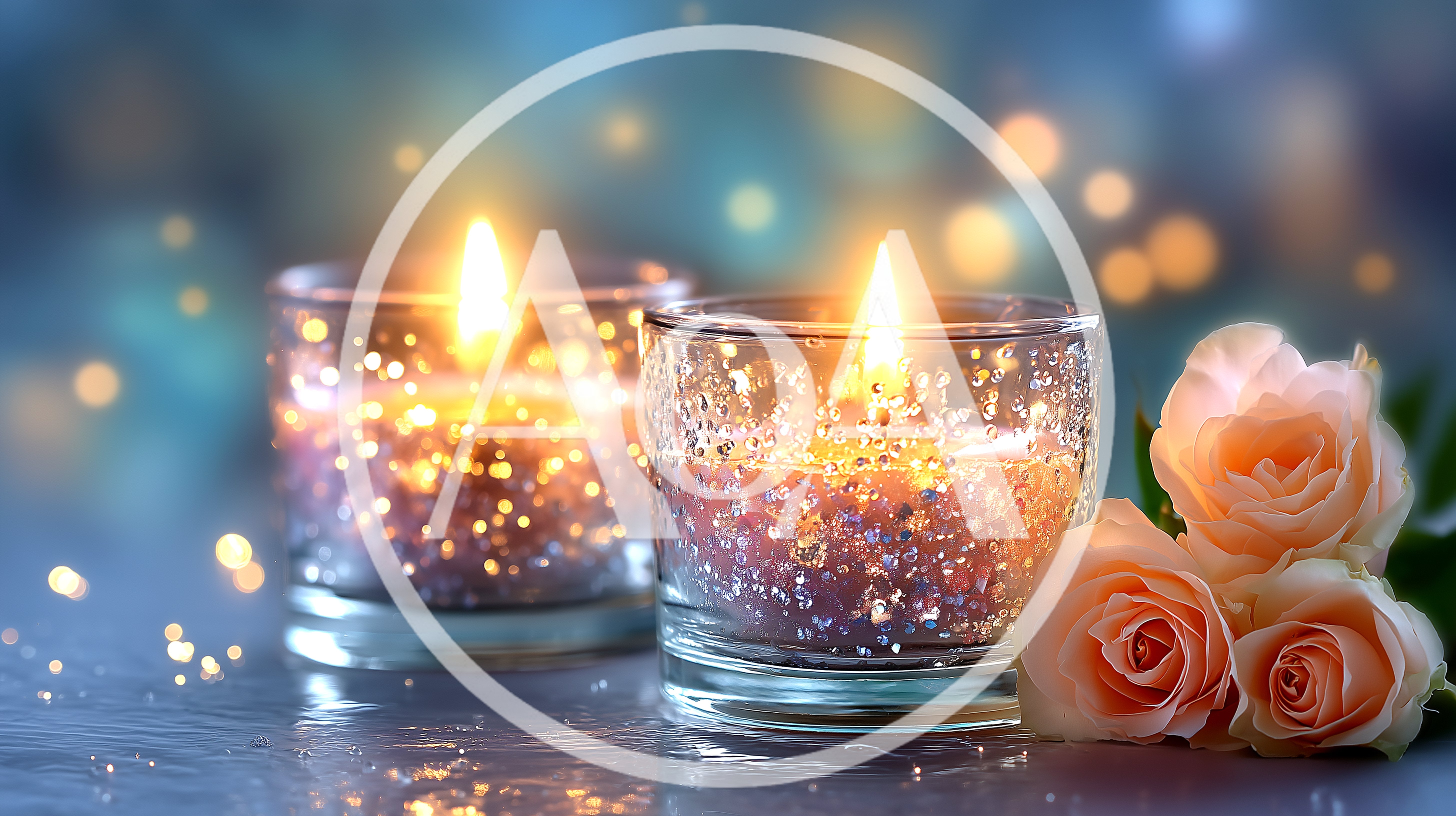 Two Lit Candles In Glass Holders With Peach Roses
