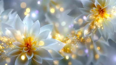 White Dahlia Flowers With Golden Bokeh Particles