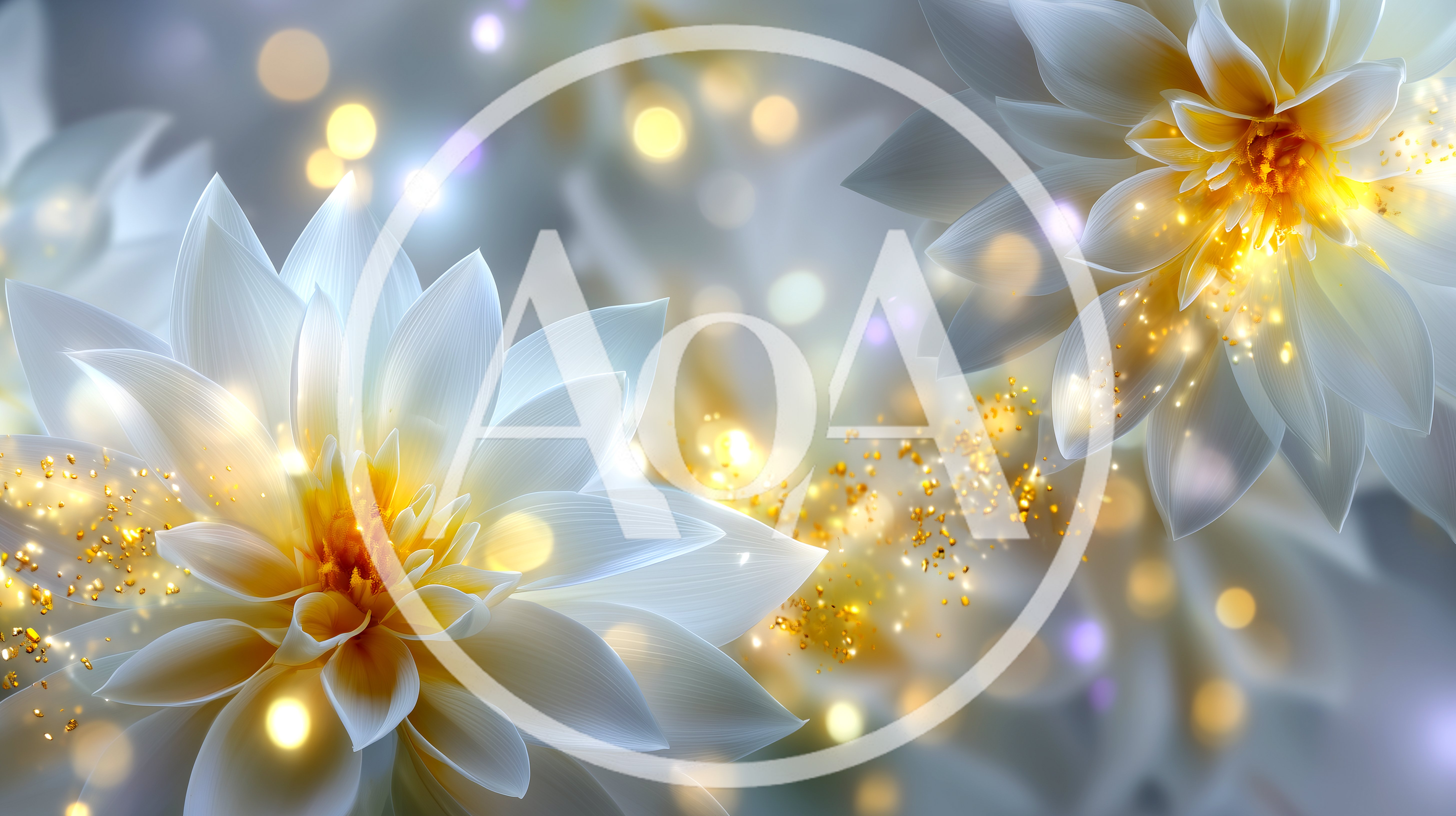 White Dahlia Flowers With Golden Bokeh Particles