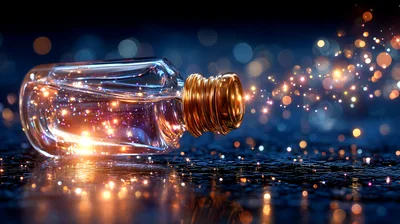 Glass Bottle Emitting Magical Glowing Particles