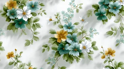 Watercolor Floral Pattern With Teal And Yellow Flowers