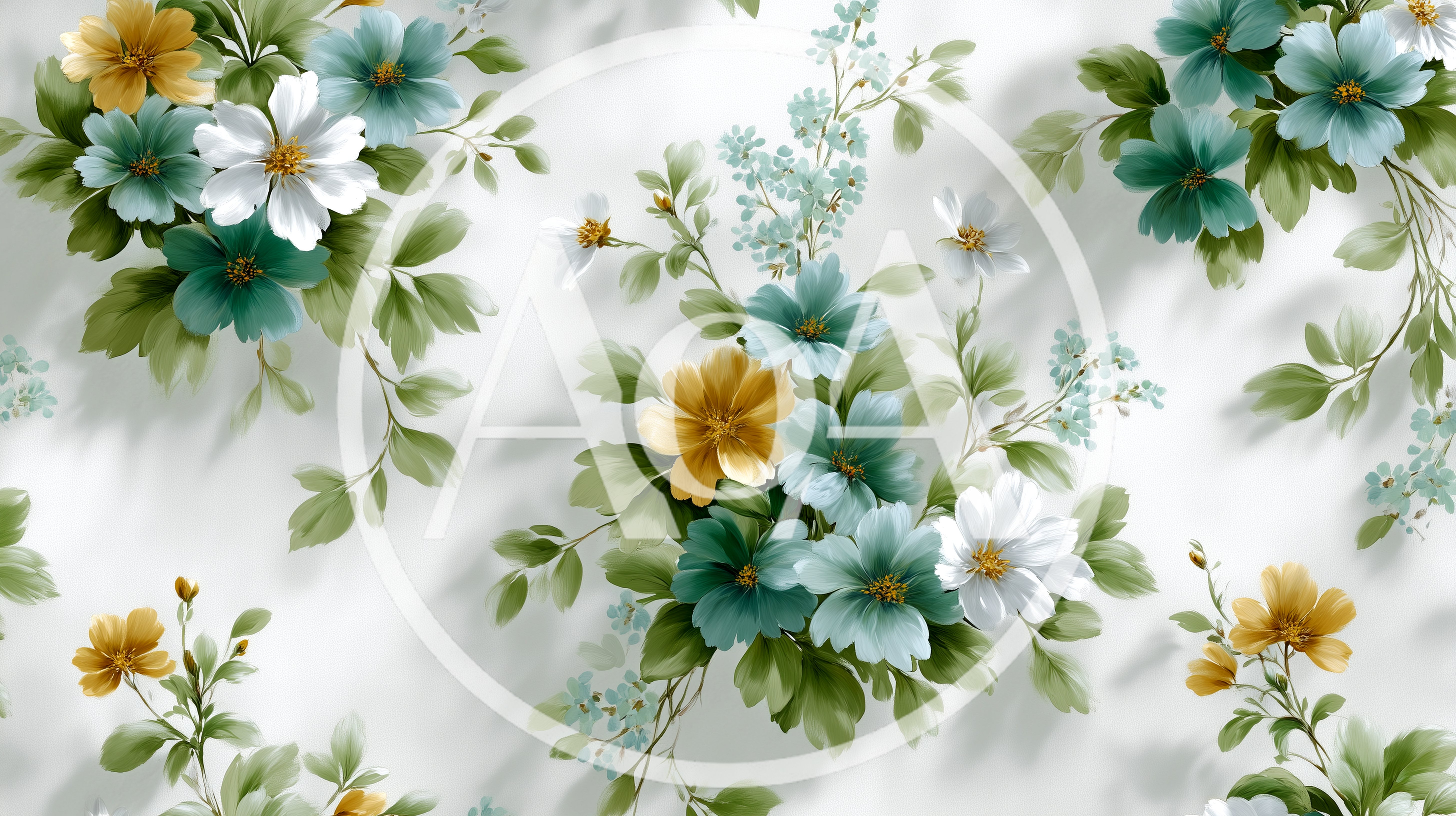 Watercolor Floral Pattern With Teal And Yellow Flowers