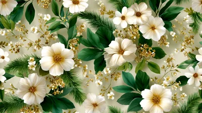 Seamless Floral Pattern With White Flowers And Greenery