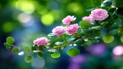 Delicate Pink Rose Blossoms On A Lush Green Branch
