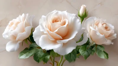 Three Pale Peach Roses With Green Leaves