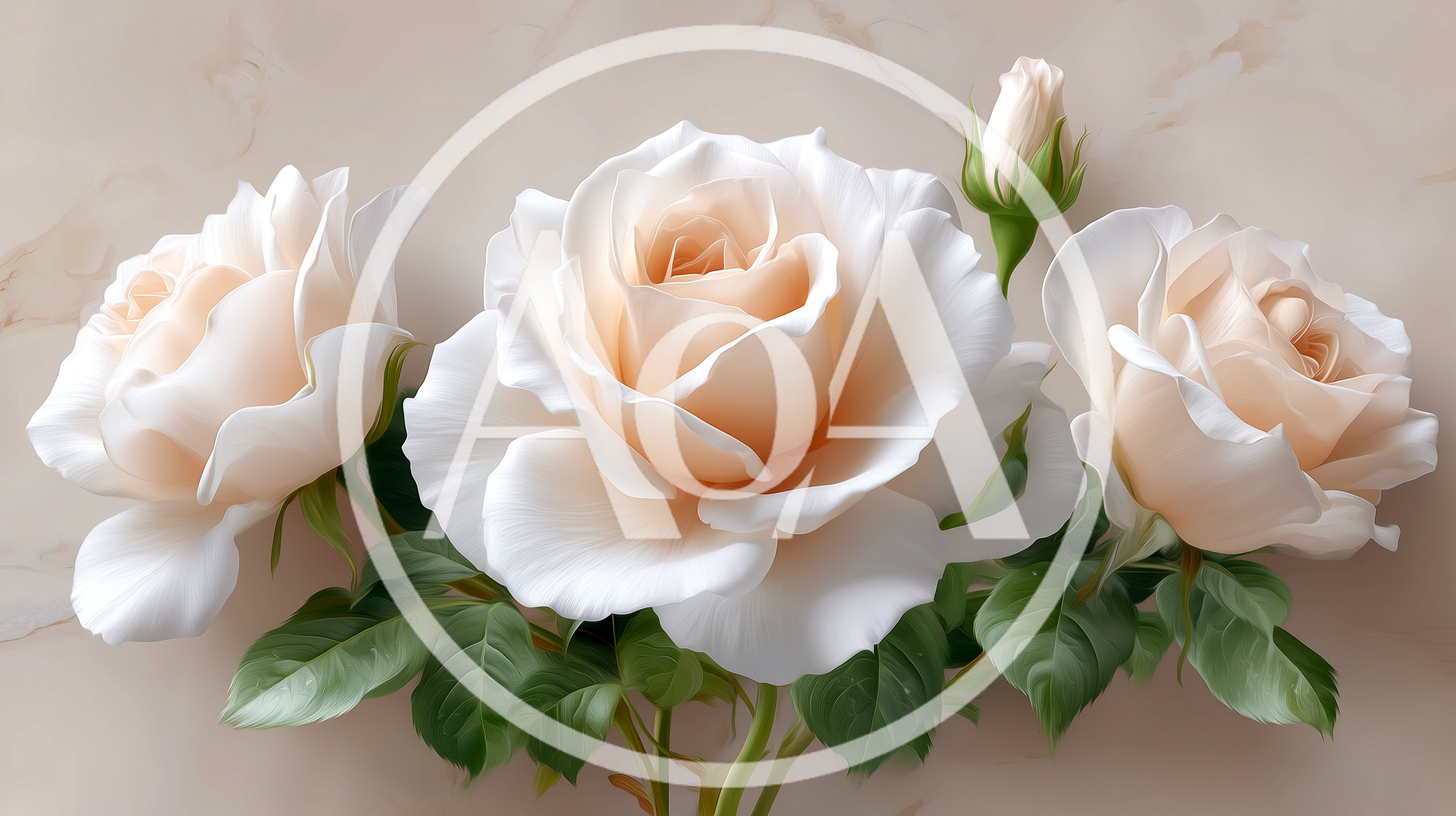Three Pale Peach Roses With Green Leaves