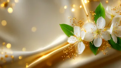 White Cherry Blossoms On Elegant Gold Silk Background