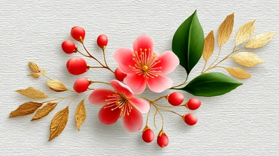 Floral Arrangement With Pink Blossoms And Golden Leaves