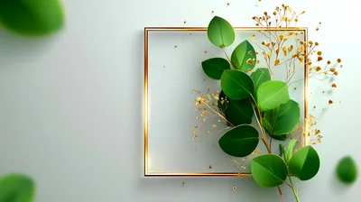 Gold Square Frame With Eucalyptus Leaves And Golden Sprigs