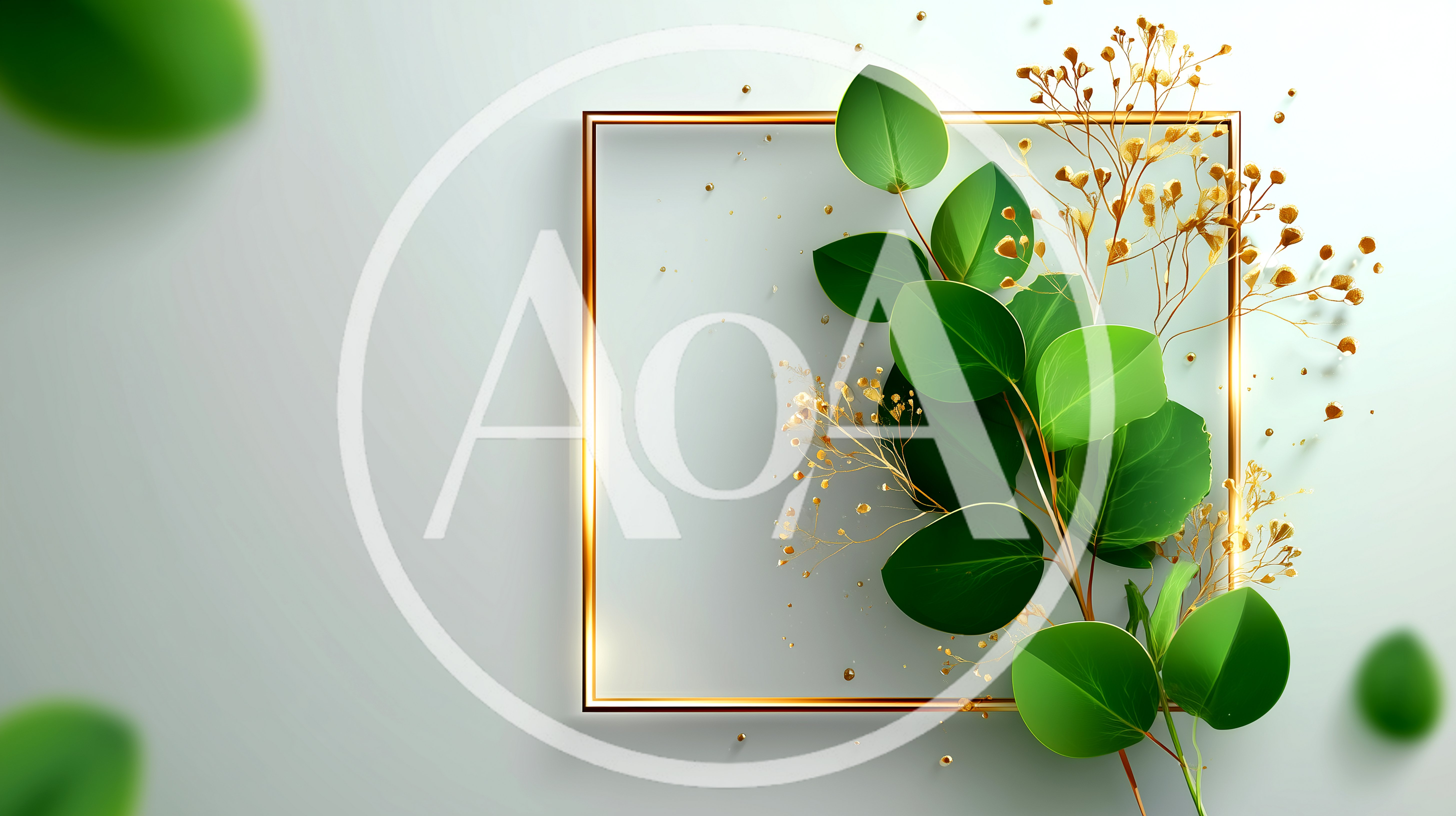 Gold Square Frame With Eucalyptus Leaves And Golden Sprigs