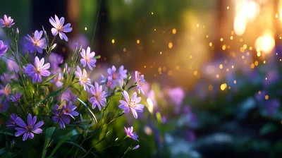 Purple Wildflowers Blooming In A Sunlit Forest Meadow