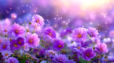Vibrant Purple Cosmos Flowers In A Magical Meadow
