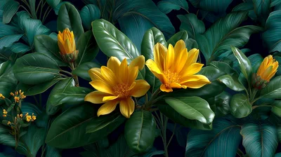 Vibrant Yellow Flowers Amidst Lush Dark Green Foliage