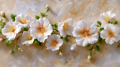 White Cherry Blossom Flowers On Marble Background