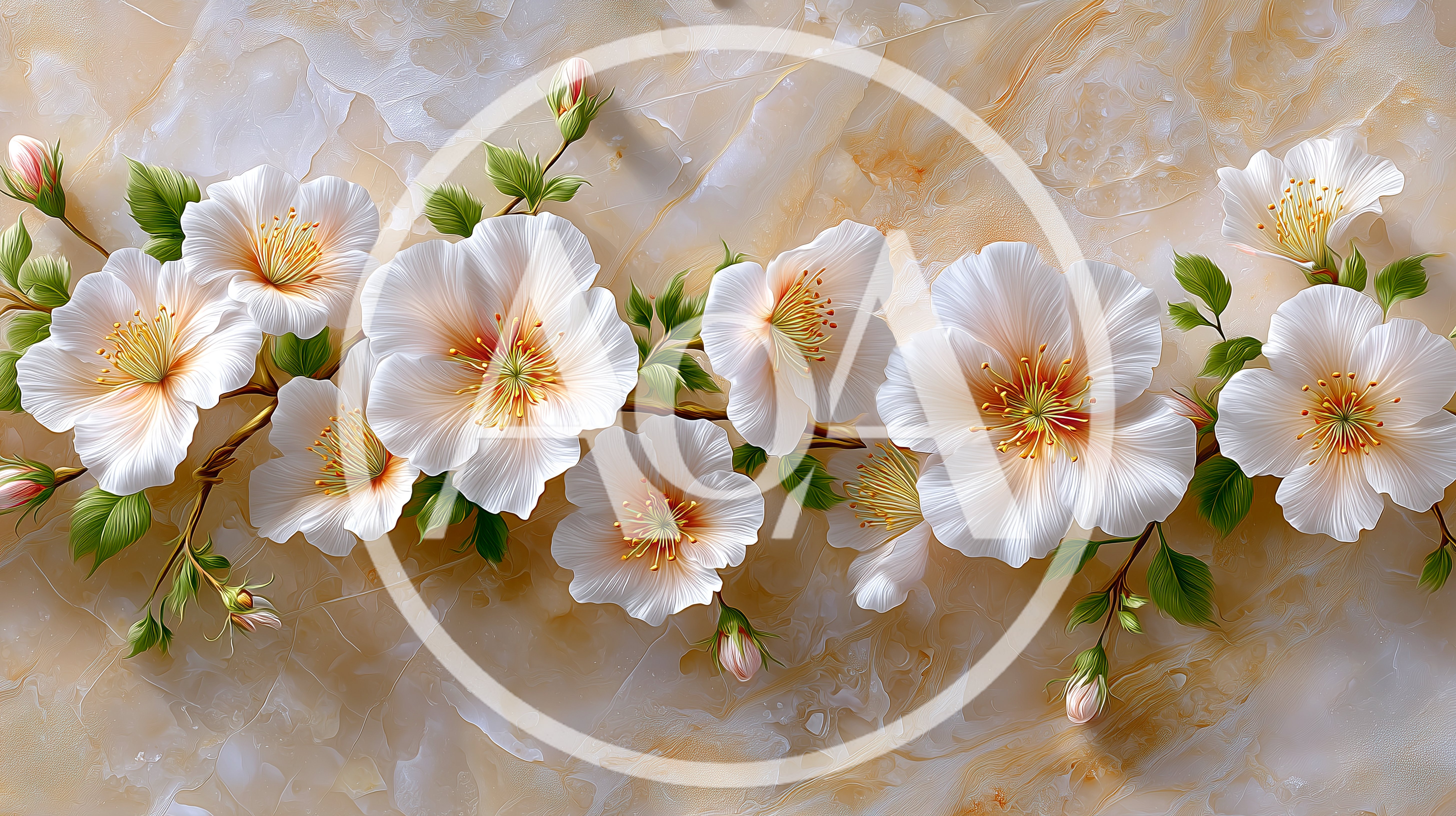 White Cherry Blossom Flowers On Marble Background