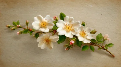 Delicate White Wild Rose Branch On Textured Paper
