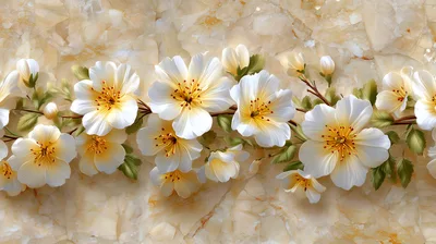 White Cherry Blossom Floral Border On Marble Background
