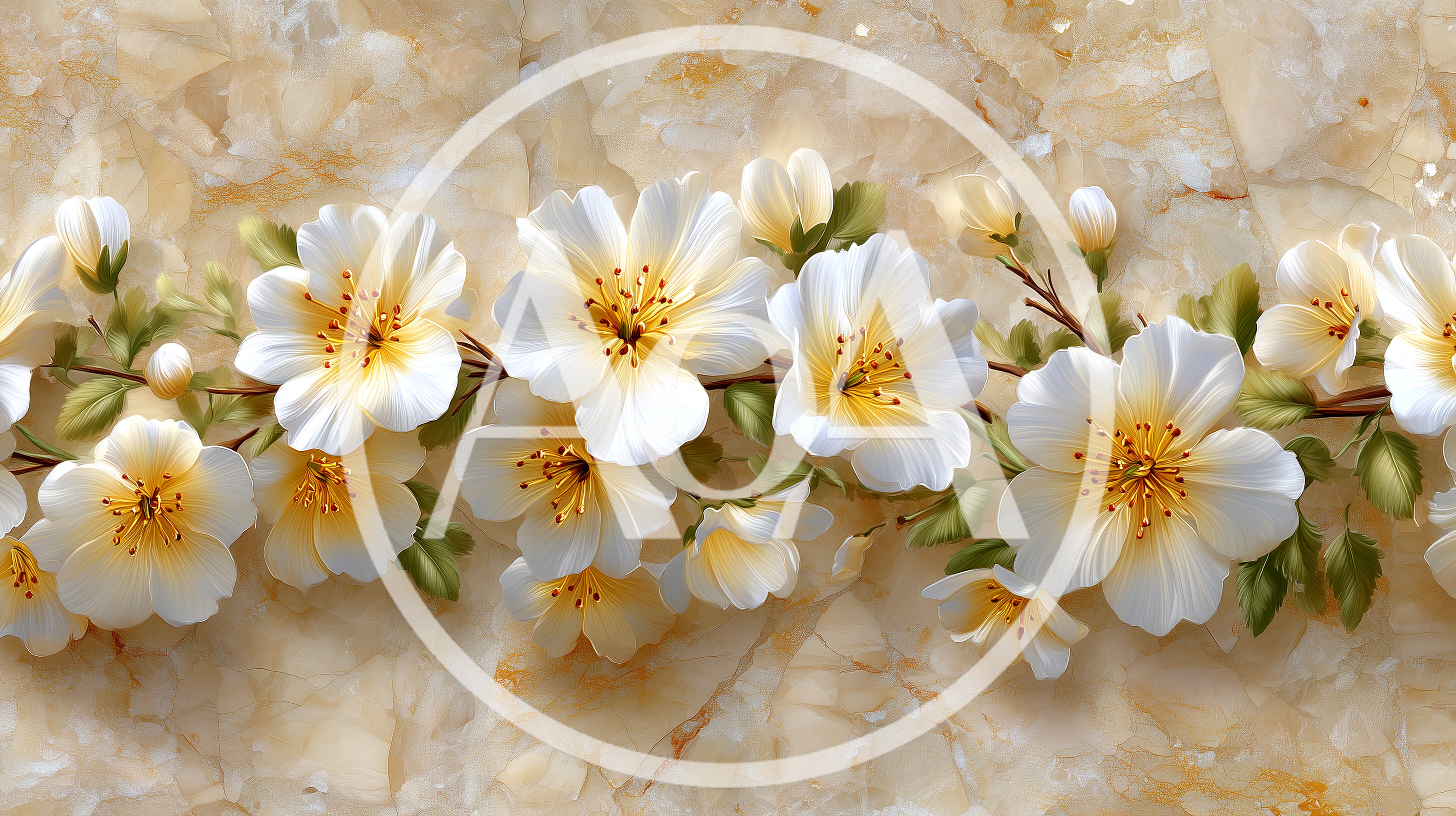 White Cherry Blossom Floral Border On Marble Background