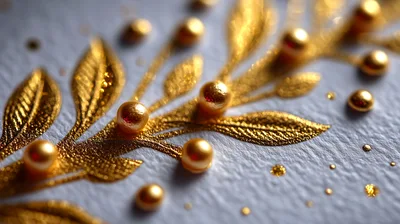 Golden Leaf And Pearl Ornament On Textured Paper