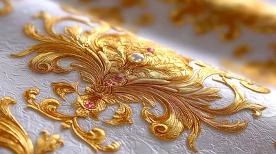 Ornate Gold Baroque Pattern On Textured White Wallpaper