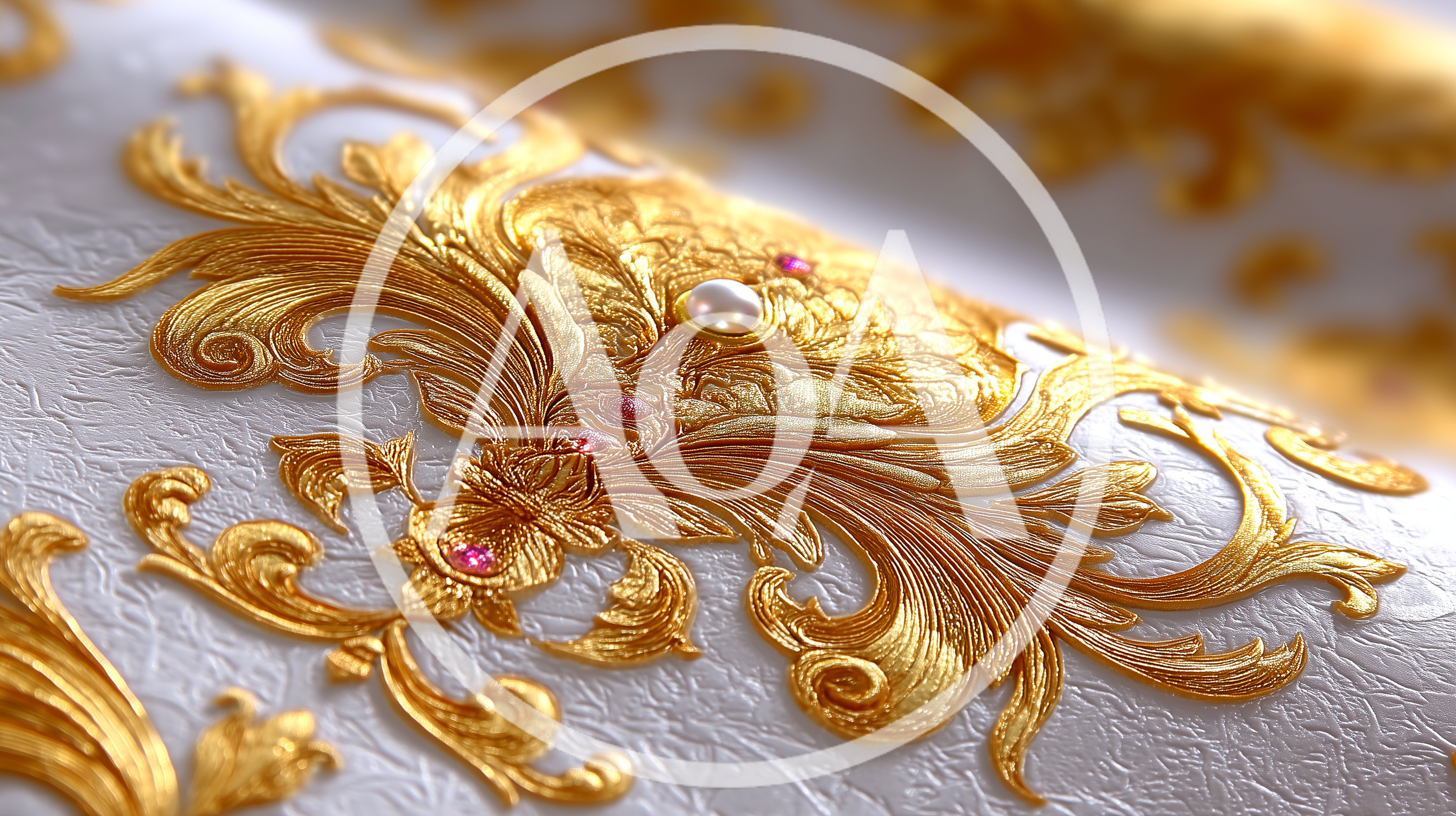 Ornate Gold Baroque Pattern On Textured White Wallpaper