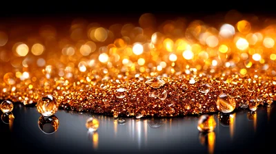 Golden Glitter Particles and Spheres on Reflective Surface