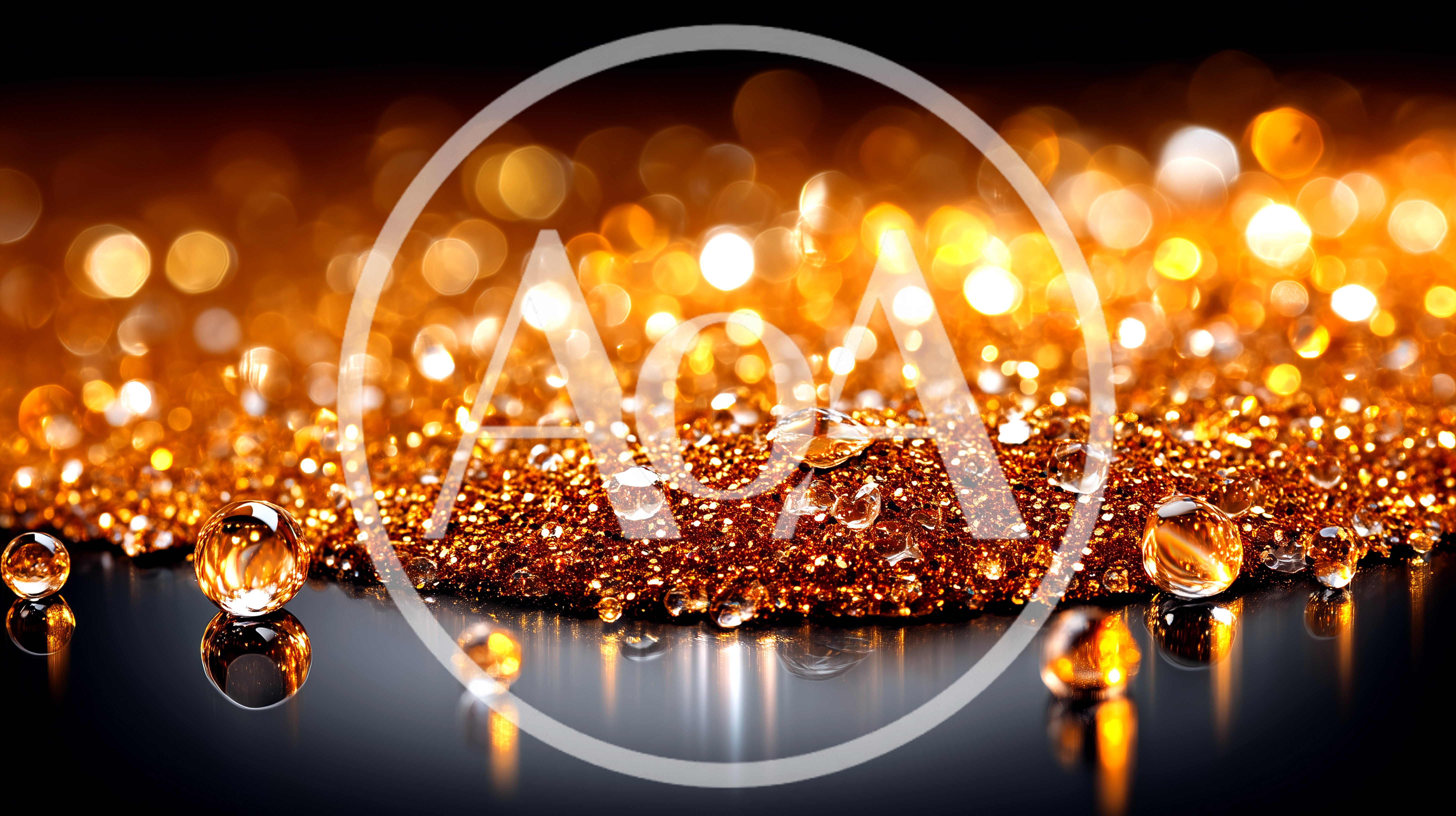 Golden Glitter Particles and Spheres on Reflective Surface