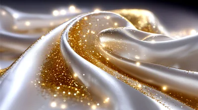 Abstract White Silk Fabric With Golden Glitter Particles