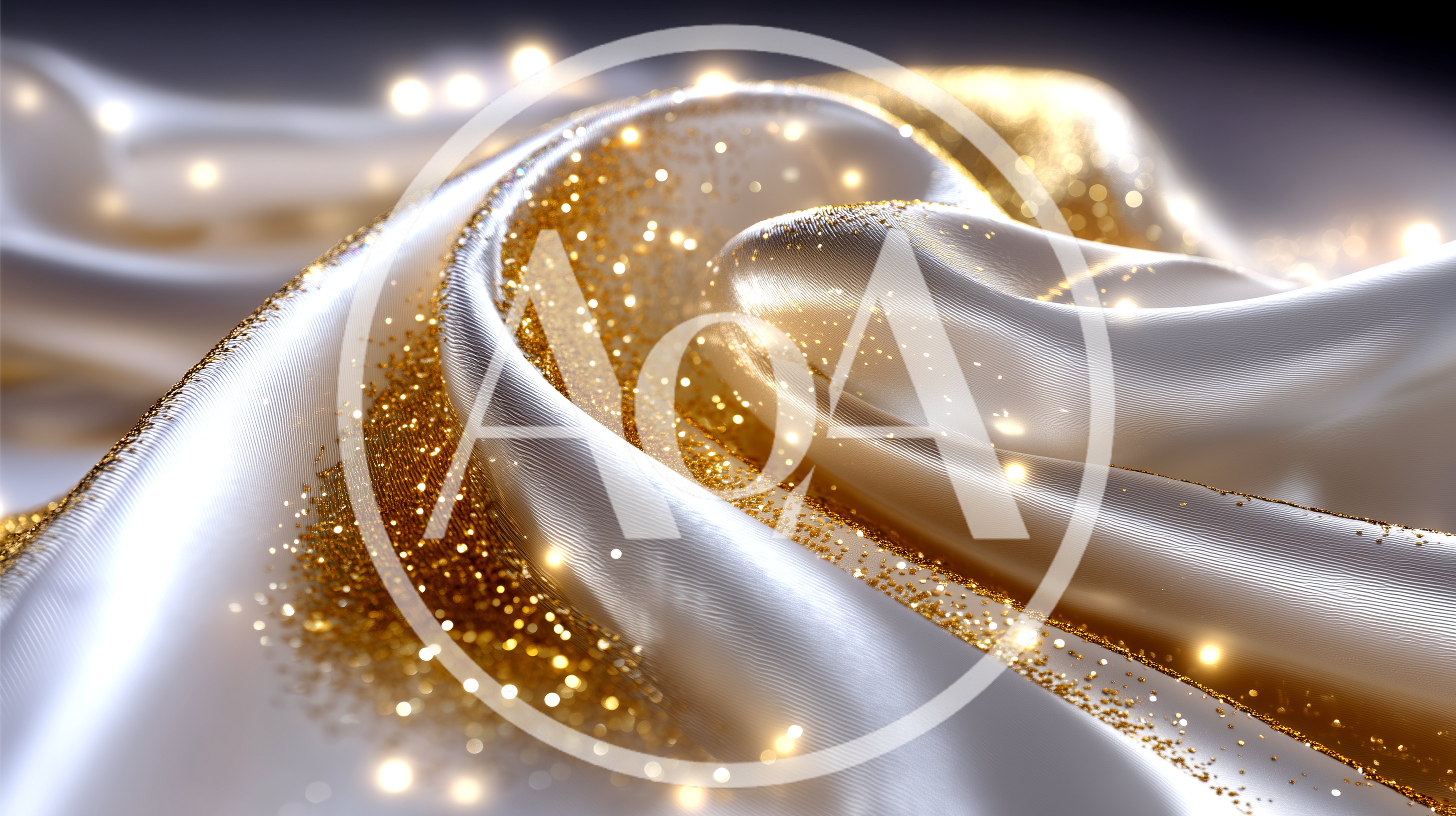 Abstract White Silk Fabric With Golden Glitter Particles