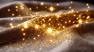 Golden Glitter Particles Sparkling On Textured Fabric
