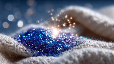 Blue Glitter Sparkles On A Knitted Fabric Surface