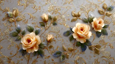 Elegant 3D Floral Wallpaper With Golden Damask Patterns