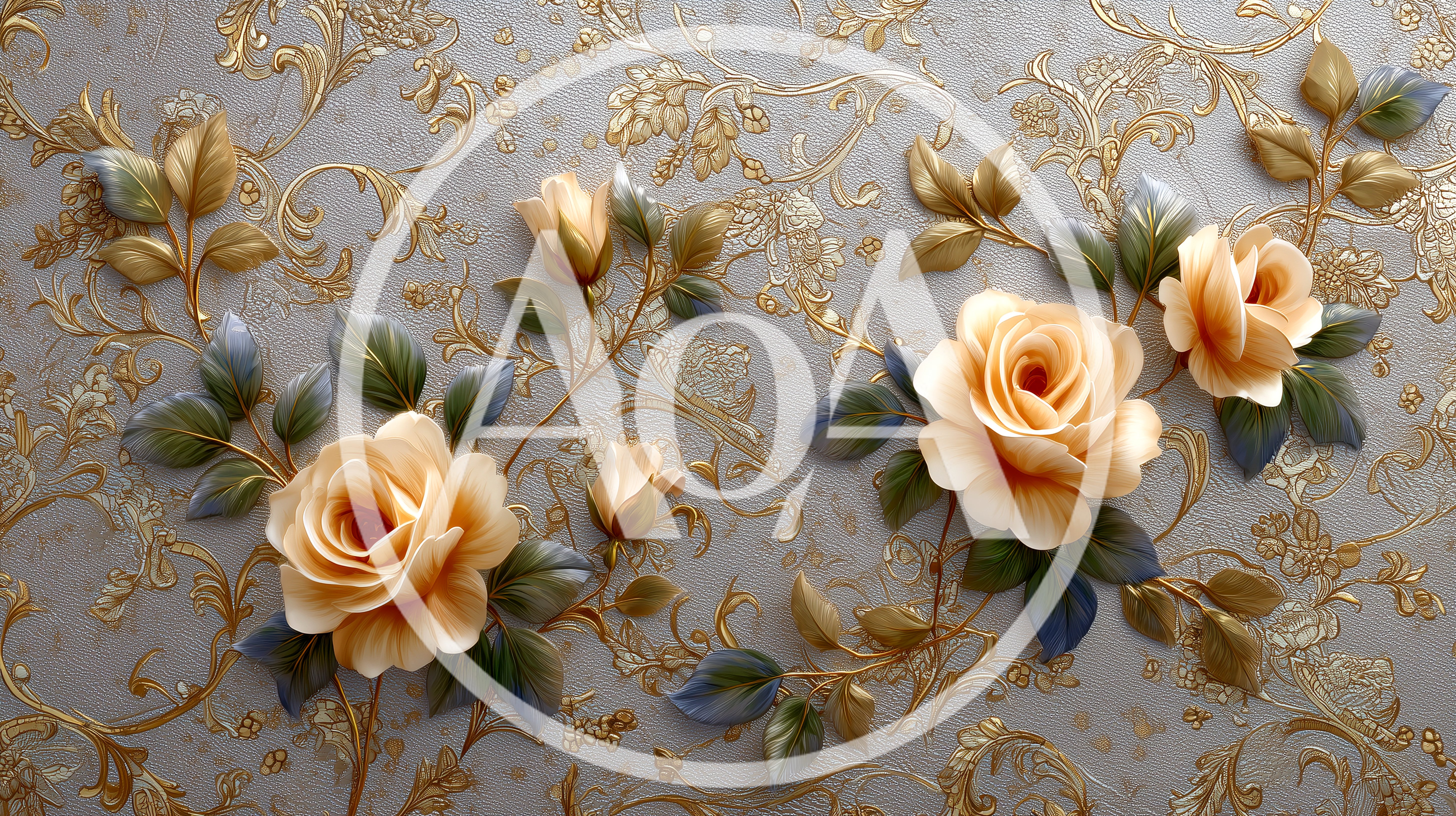 Elegant 3D Floral Wallpaper With Golden Damask Patterns